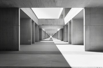 Poster - This black and white photo captures a long hallway stretching into the distance, with a play of light and shadows creating a sense of depth and mystery. Generative AI