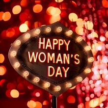 Neon Sigh That Says "happy Woman's Day" With Lightening, On Bokeh Sparkling Background