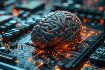 Poster - A futuristic electronic brain, pulsing with artificial intelligence, sits atop a sleek motherboard. Generative AI.