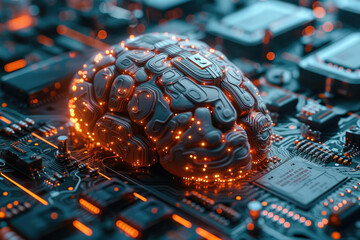 Poster - A futuristic electronic brain, pulsing with artificial intelligence, sits atop a sleek motherboard. Generative AI.