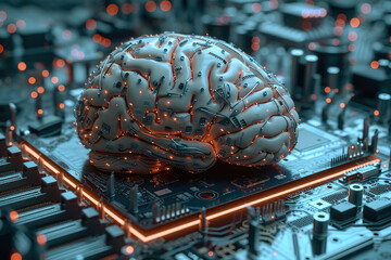 Poster - A futuristic electronic brain, pulsing with artificial intelligence, sits atop a sleek motherboard. Generative AI.