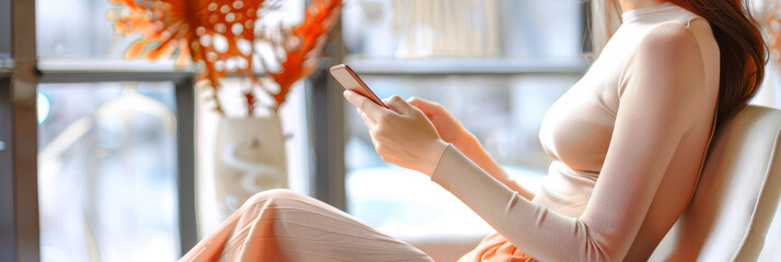 a woman using her phone in a office