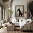 Spacious rustic living room featuring large horse painting, comfortable off-white sofas with linen pillows, weathered wooden coffee table, and lush potted greenery, with natural light from windows.