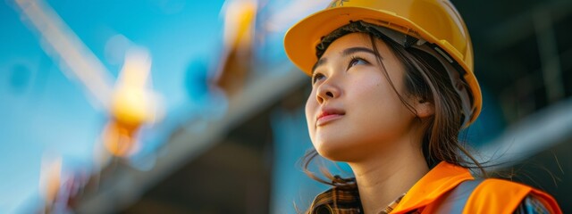 woman in yellow protective helmet and orange safety vest at construction site