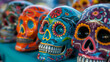 A colorful display of sugar skulls next to one another. Generated by artificial intelligence.
