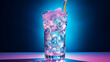 Kolorowy drink na tle neonowych świateł klubowych - zimny napój schłodzony lodem ze słomką w przezroczystej szklance
