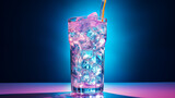 Fototapeta  - Kolorowy drink na tle neonowych świateł klubowych - zimny napój schłodzony lodem ze słomką w przezroczystej szklance