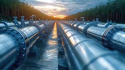 Fototapete - A hydrogen pipeline illustrating the transformation of the energy sector towards to ecology, carbon neutral, secure and independent energy sources to replace natural gas. Generative AI.
