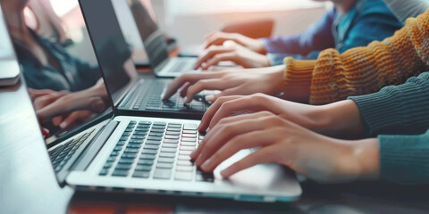 Wall Mural - three people typing away on laptops at a desk, Team of Programmer working 