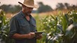A modern farmer in a corn field using a digital tablet to review harvest and crop performance. Generative AI.