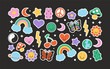 © Dedraw Studio - Set of retro symbol doodle illustration in trendy 90s art style. Colorful icon collection with cute vintage decoration. Includes rainbow, butterfly, flower and love heart hand drawn cartoon.