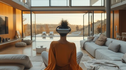 Poster - A person wearing a mixed reality headset in their modern living room. Generative AI.