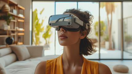 Aufkleber - A person wearing a mixed reality headset in their modern living room. Generative AI.