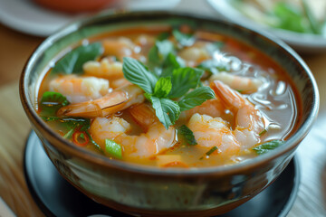 Wall Mural - thai spicy and sour soup with prawn and herbs