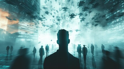 Aufkleber - A silhouette of a man in a computer screen against a background in which people are flying ahead of him, in the style of futuristic fragmentation. Generative AI.