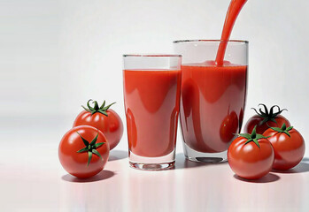 two glasses of tomato juice and five tomatoes on a white background