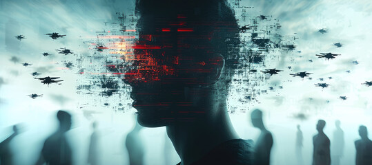 Aufkleber - A silhouette of a man in a computer screen against a background in which people are flying ahead of him, in the style of futuristic fragmentation. Generative AI.