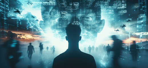 Aufkleber - A silhouette of a man in a computer screen against a background in which people are flying ahead of him, in the style of futuristic fragmentation. Generative AI.