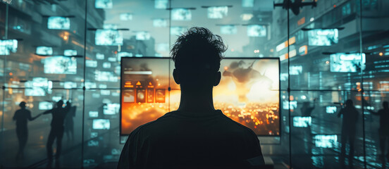 Aufkleber - A silhouette of a man in a computer screen against a background in which people are flying ahead of him, in the style of futuristic fragmentation. Generative AI.