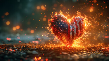 Wall Mural - Love America concept. Heart shaped balloon with national flag of USA and fireworks on bokeh background with sparkles. 3d rendering.