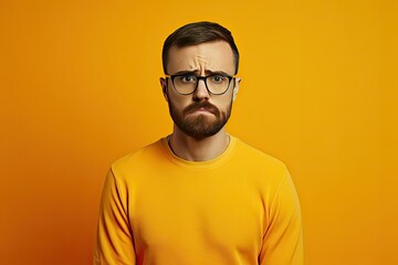 Portrait of a frustrated young man wearing glasses on yellow background