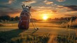 A golf bag with clubs stands on the grass, against the backdrop of a beautiful, green golf course, sunset. Generative AI.
