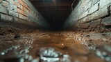 Fototapeta  - A dark dirty wet crawl space, brick or concrete. Generative AI.