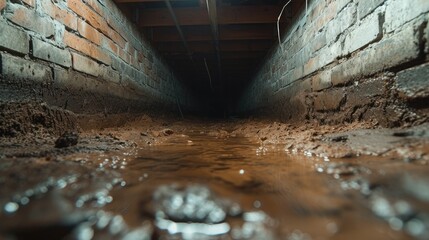 A dark dirty wet crawl space, brick or concrete. Generative AI.