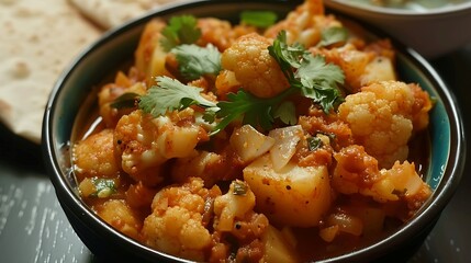 Indian aloo gobi masala spicy cauliflower and potato curry with tomatoes, onions, and spices, served with roti or rice