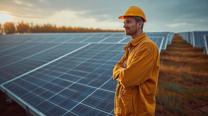 Poster - A man standing between the rows of solar panels on a solar farm. Generative AI.