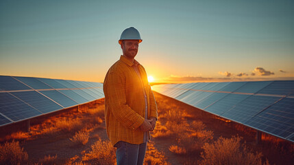 Poster - A man standing between the rows of solar panels on a solar farm. Generative AI.