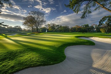 Wall Mural - Golf course with perfectly trimmed green lawns at a sunny day