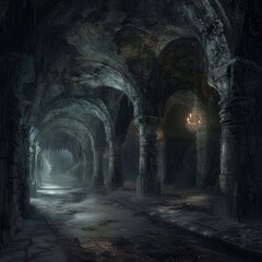 Wall Mural - Scary endless medieval catacombs. Mystical nightmare concept