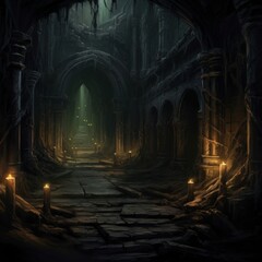 Wall Mural - Scary endless medieval catacombs. Mystical nightmare concept