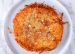 Potato pancakes on plate. Latkes, flapjacks potato for restaurant, menu, advert or package, close up, selective focus