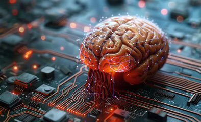 Wall Mural - Conceptual image of a human brain on a circuit board, symbolizing artificial intelligence and advanced technology.
