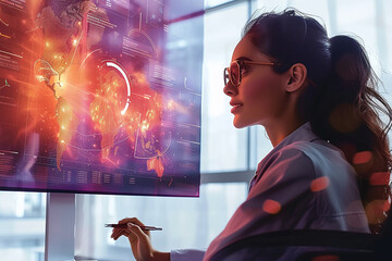 Three professional women in a meeting, one in focus, with a modern office background.