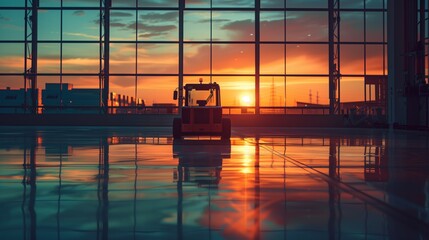 Poster - The silhouette of an Automated Guided Vehicle (AGV) is cast by a dramatic sunset seen through the expansive windows of a warehouse.