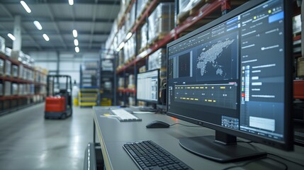 Poster - An advanced logistic software interface on a monitor with an operational AGV in the background, underscoring warehouse management innovation.
