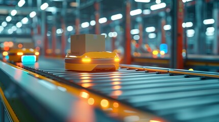 Poster - Detailed view of a robotic AGV arm engaging in automated package sorting on a conveyor belt in a modern logistics facility.