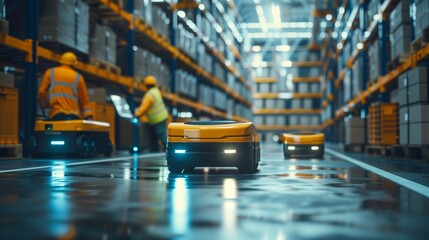 Poster - an agv works alongside a safety-vested human worker in a warehouse, demonstrating the synergy of aut