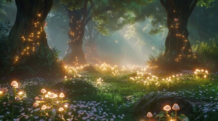 Poster - Amidst the tranquil beauty of nature, a majestic tree adorned with glowing lights stands tall, surrounded by vibrant flowers, creating a mystical and enchanting outdoor scene