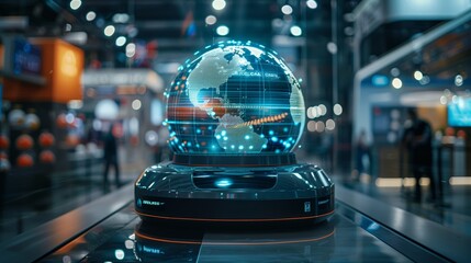 Poster - Innovative marketing display featuring an AGV with a holographic projection of a globe, symbolizing global logistics and delivery services.