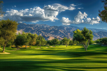 Canvas Print - Golf course with perfectly trimmed green lawns at a sunny day