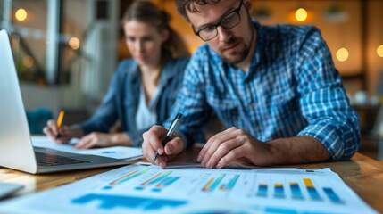 Poster - Marketing professionals intensely review digital analytics data as part of their strategy for an upcoming advertising campaign.