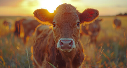 Wall Mural - Close-up of a brown cow in a field at sunset with warm golden light in the background.
