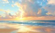 Oil painting scene, sunset at a beautiful beach, clouds in the sky and pristine sand
