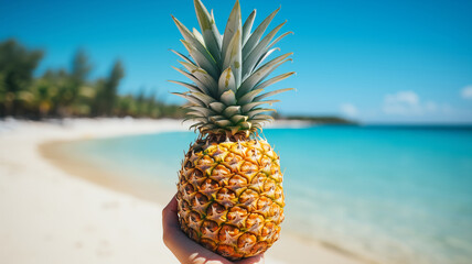 Wall Mural - A fresh pineapple in hand with the backdrop of a tropical sandy beach with crystal clear turquoise ocean