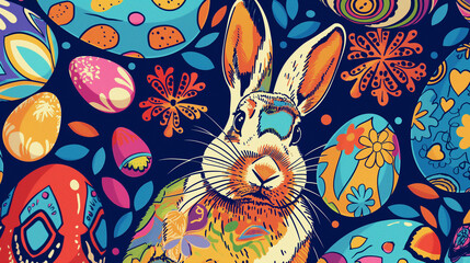 Colorful illustration of a rabbit among Easter eggs with a vibrant, patterned background