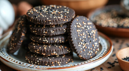 Chocolate cookies with sesame seeds on a plate, wooden bowls in the background, ai generated